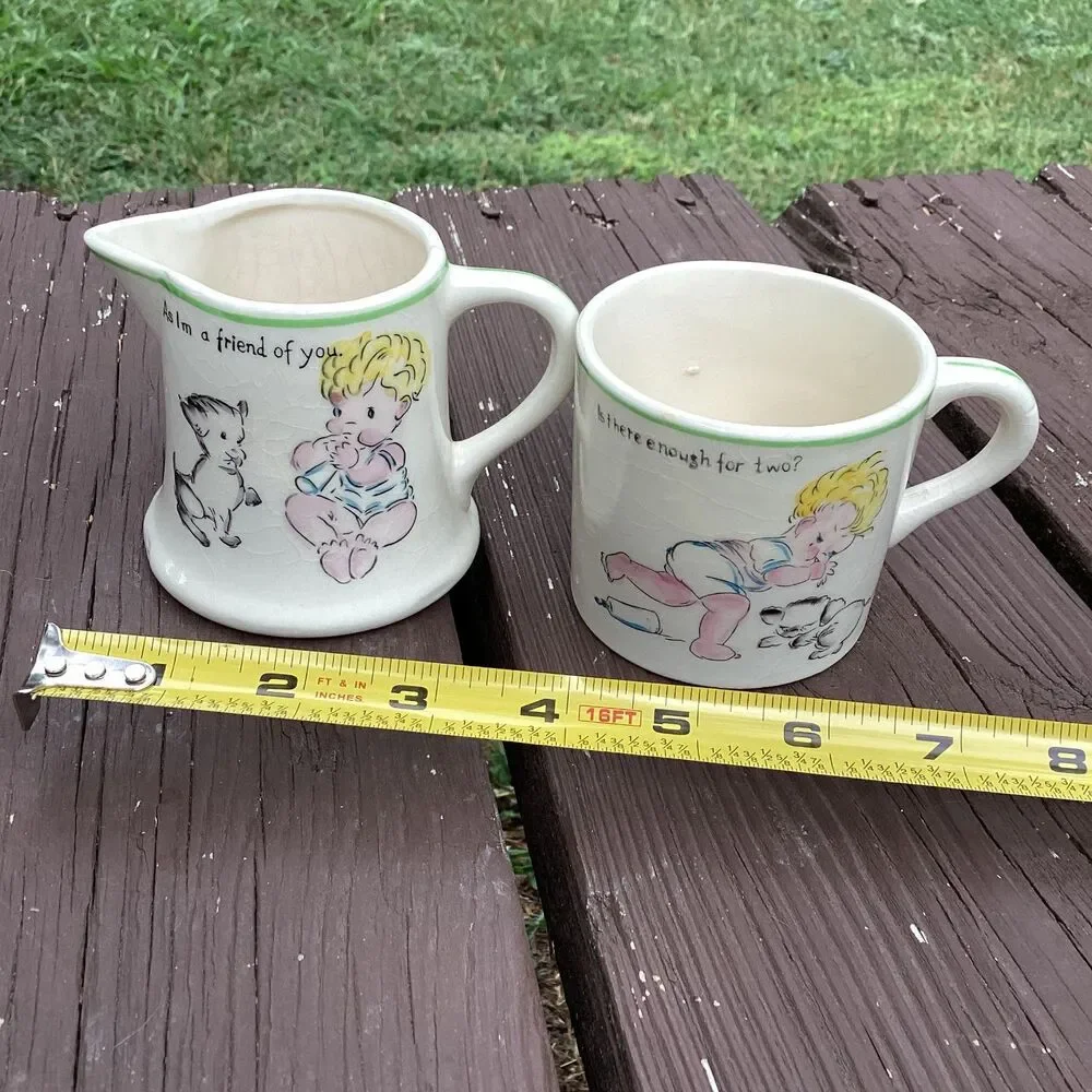 Royal‎ Trio Creamer and Mug Set Hand Decorated Boy Dog Vintage Collectible